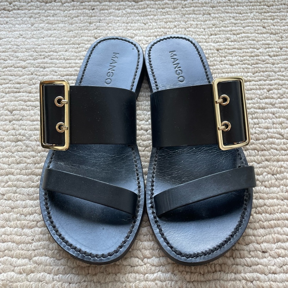 Mango Buckle Leather Sandals with Gold Buckle